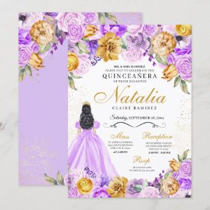 Lilac Gold Princess Glitter Tiara Quinceanera Invitation