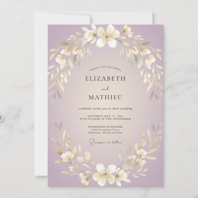 Lilac Golden Wreath Wedding Invitation (Front)