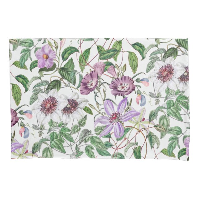 Lilac Green White Vintage Botanical Flowers Pillowcase (Front)