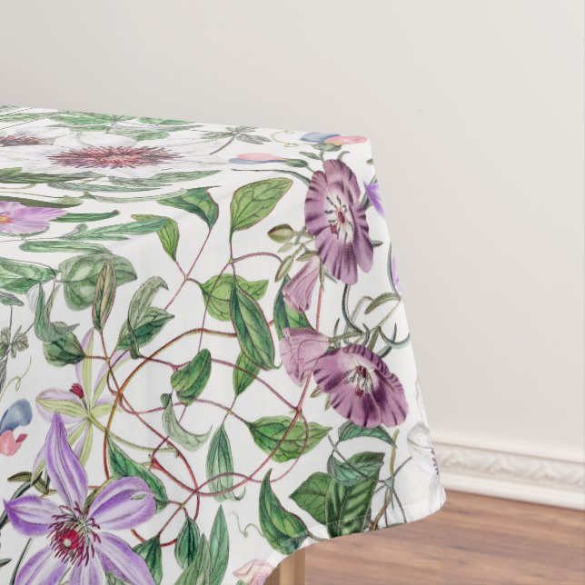 Lilac Green White Vintage Botanical Flowers Tablecloth (In Situ)