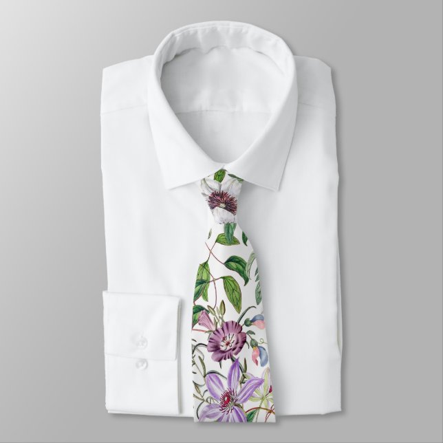 Lilac Green White Vintage Botanical Flowers Tie (Tied)