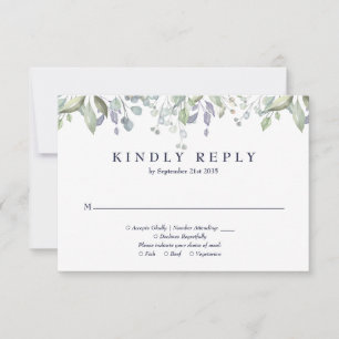 Lilac Greenery Floral Navy Blue Wedding RSVP Card
