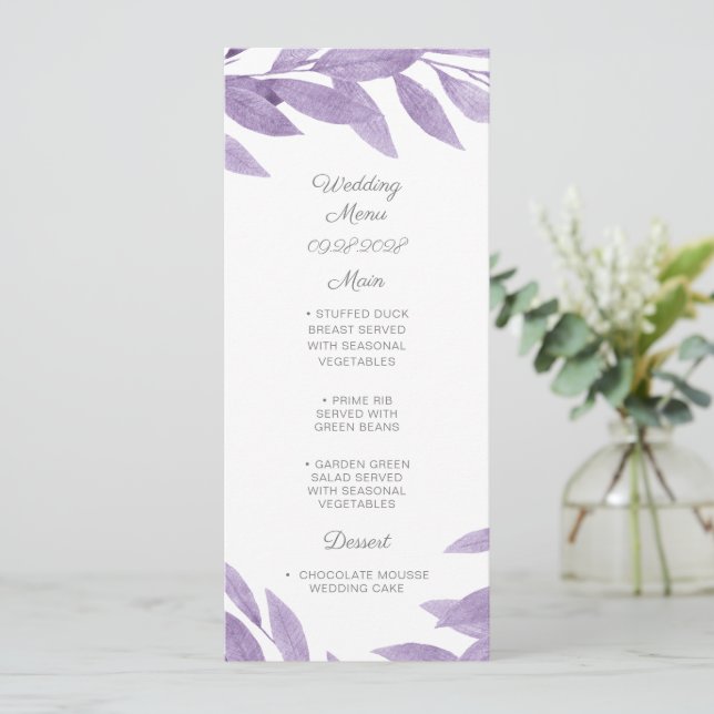Lilac greenery watercolor Wedding Menu (Standing Front)