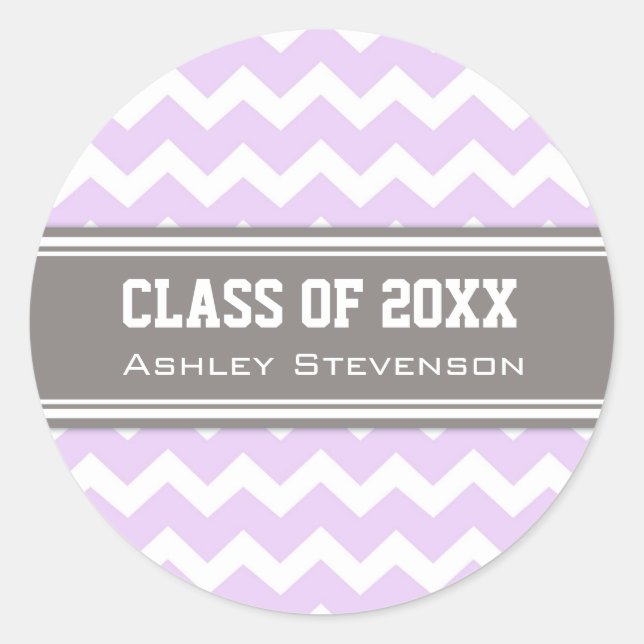 Lilac Grey Chevrons Graduation Custom Name Classic Round Sticker (Front)