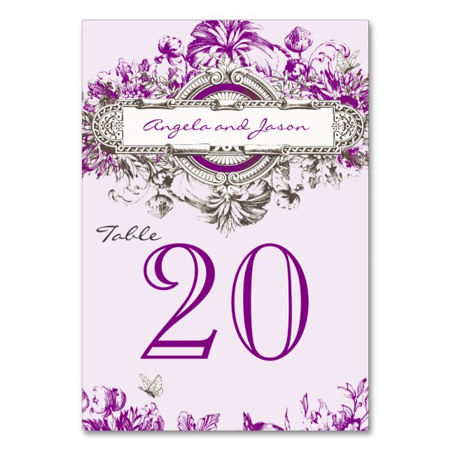 Lilac Grey Vintage Wedding Table Number Card (Front)