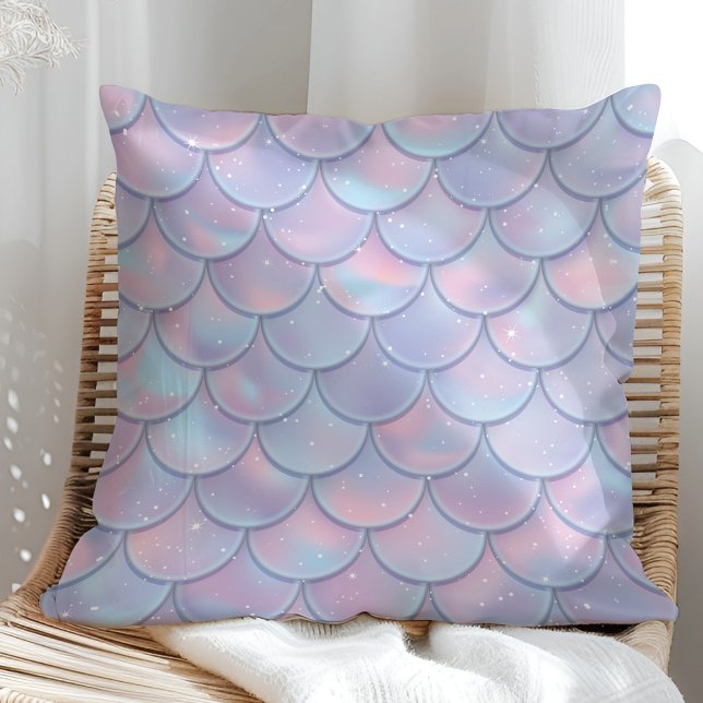 Lilac Holographic Mermaid Scales Cushion (Lilac Holographic Mermaid Scales Throw Pillow in a sunny rattan armchair.)