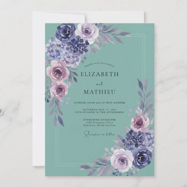 Lilac Hydrangea Seafoam Eucalyptus Wedding Invitation (Front)