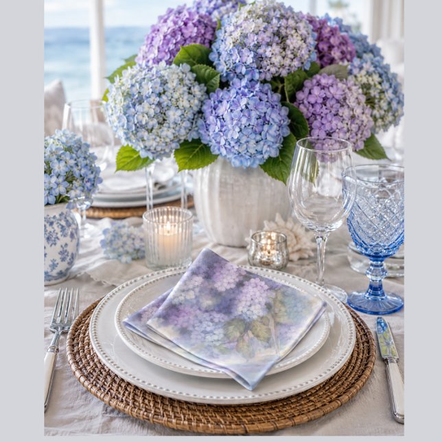 Lilac Hydrangea Watercolor Luncheon Napkin (hydrangea-napkins-nantucket-table-decor-media-image)