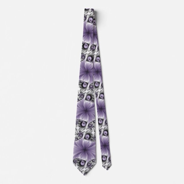 Lilac Illusion Abstract Floral Fractal Art Fantasy Tie (Front)