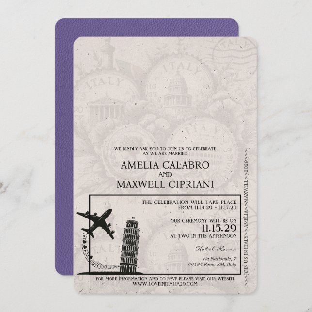 Lilac Italy Passport Wedding Invitation (Front/Back)