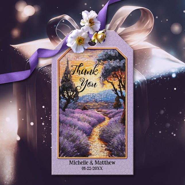 Lilac Lavender Artistic Wedding  Gift Tags (Elegant gift tag featuring a romantic path in lavender fields in an artistic stained glass style)