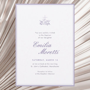 Lilac lavender Cross with name initials Baptism Invitation