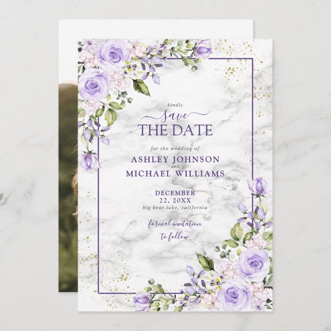 Lilac Lavender Gold Geometric Photo Save the Date (Front/Back)