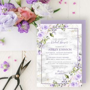 Lilac Lavender Gold Marble Floral Bridal Shower Invitation