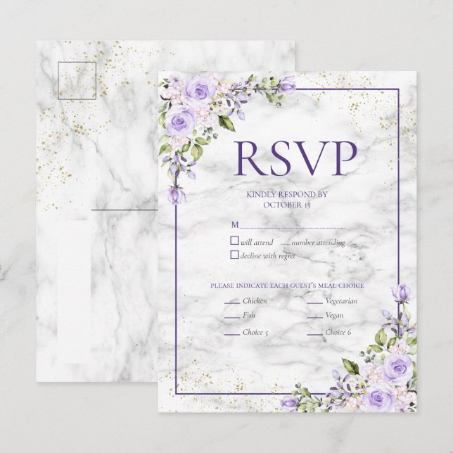 Lilac Lavender Gold Marble Floral Wedding RSVP Inv Invitation Postcard (Front/Back)