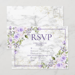 Lilac Lavender Gold Marble Floral Wedding RSVP Invitation Postcard