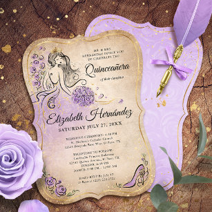 Lilac Lavender Gold Princess Quinceanera Birthday Invitation