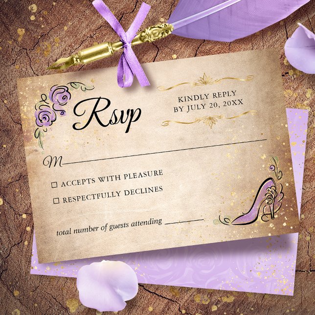 Lilac Lavender Gold Princess Shoe Elegant Wedding RSVP Card (Lilac Lavender and gold RSVP cards to give your once upon a time celebration an elegant touch.)