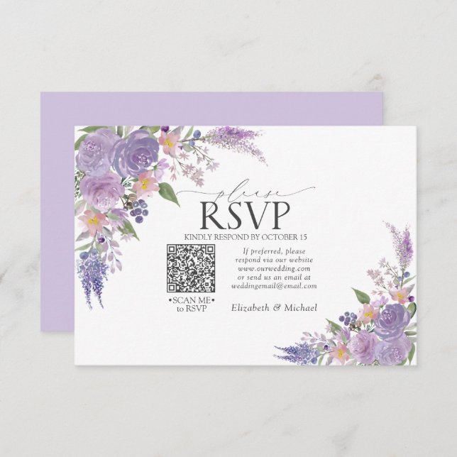 Lilac Lavender Mauve Floral QR Code Wedding RSVP (Front/Back)