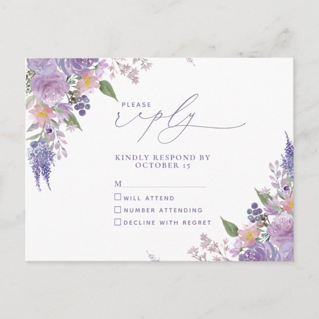 Lilac Lavender Modern Floral No Menu RSVP (Front)