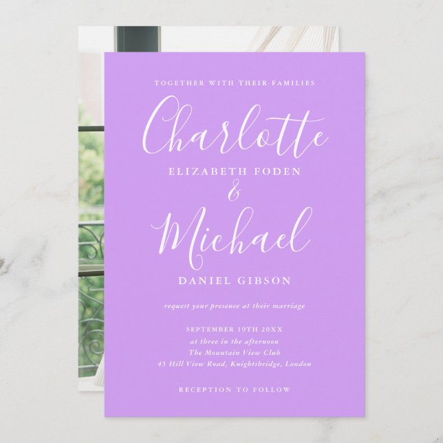 Lilac Lavender Signature Script Photo Wedding Invitation (Front/Back)