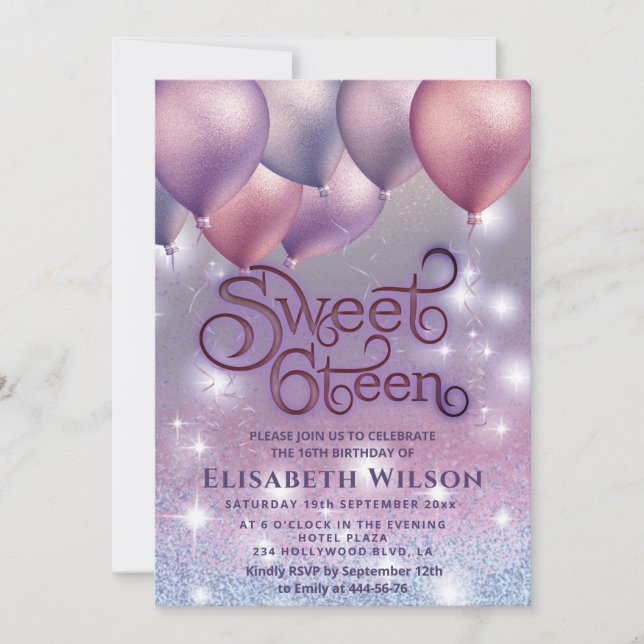 Lilac lavender sparkling glittery ombre balloon invitation (Front)
