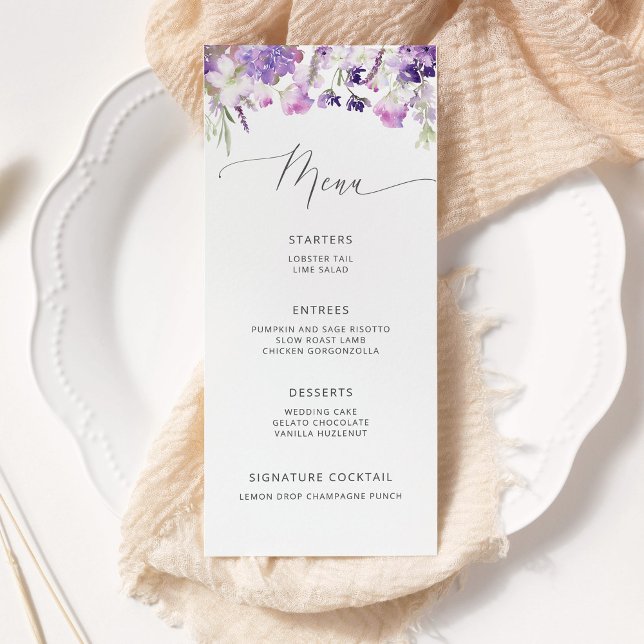 Lilac lavender wildflower minimalist wedding menu (Creator Uploaded)
