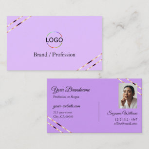 Lilac Lavender with Rose Gold Lines Logo and Photo Business Card