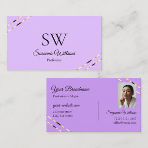 Lilac Lavender with Rose Gold Lines Monogram Photo Business Card