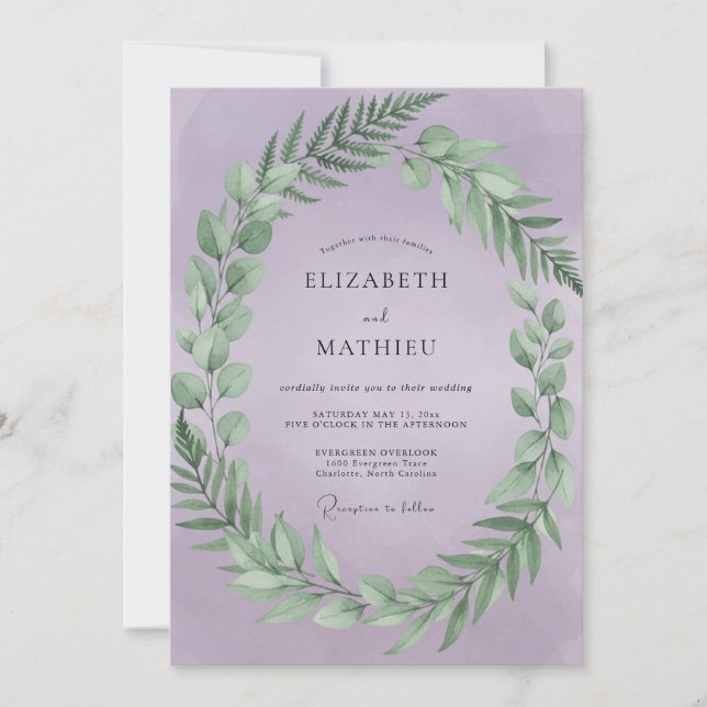 Lilac Leafy Wreath Wedding Invitation (Front)