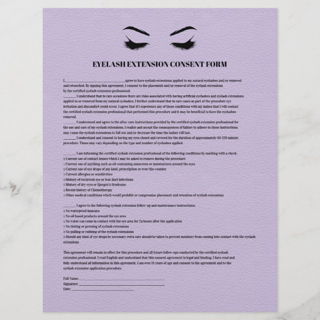 LILAC Leather EYELASH EXTENSION CONSENT FORM Flyer (Front)