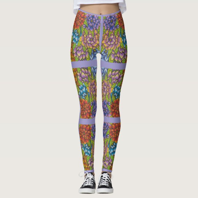 Lilac Leggings With Colourful Flowers and Stripes (Front)