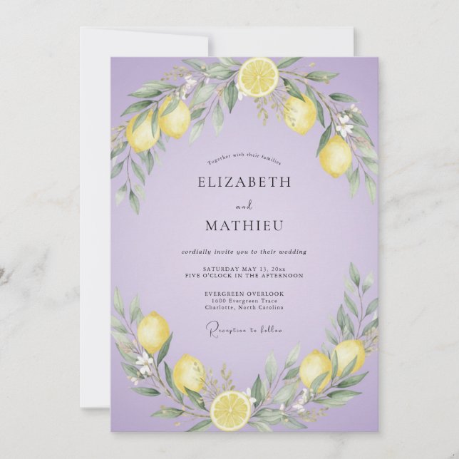 Lilac Lemon Citrus Muted Eucalyptus Wedding Invitation (Front)