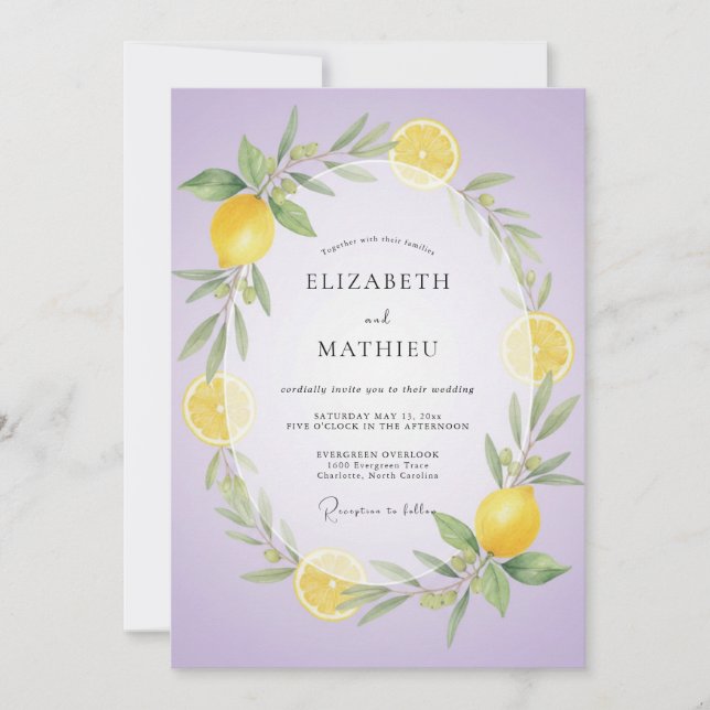 Lilac Lemon Citrus Soft Eucalyptus Wedding Invitation (Front)
