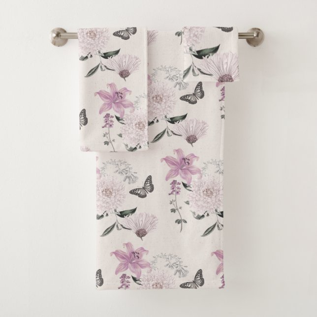 Lilac Lilies Elegant Botanical Bath Towel Set (Insitu)