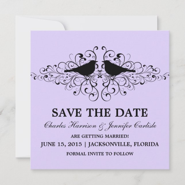 Lilac Love Bird Swirls Save the Date Invite (Front)