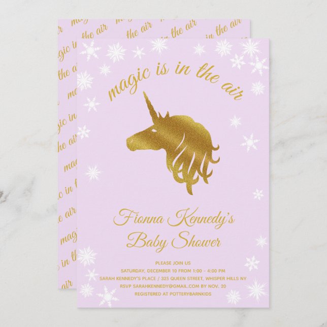 Lilac Magical Unicorn Winter Baby Shower Invitation (Front/Back)