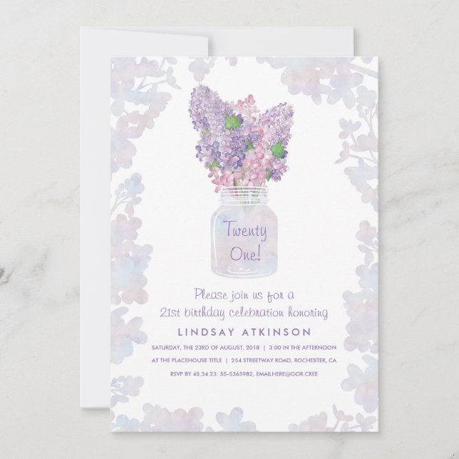Lilac Mason Jar | Watercolor Floral Birthday Party Invitation (Front)