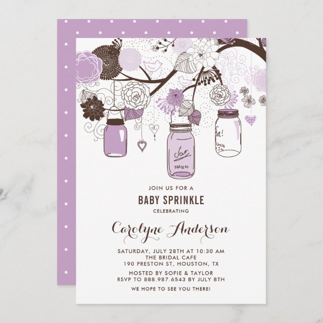 Lilac Mason Jars and Flowers Baby Sprinkle Invitation (Front/Back)