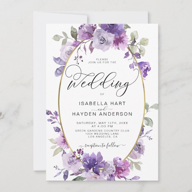 Lilac Mauve Dusty Purple Floral Gold Foil Wedding Invitation (Front)