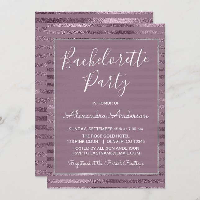 Lilac Metallic Foil Modern Bachelorette Party Invitation (Front/Back)