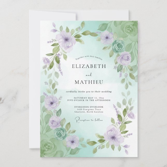 Lilac Mint Leaf Wedding Invitation (Front)