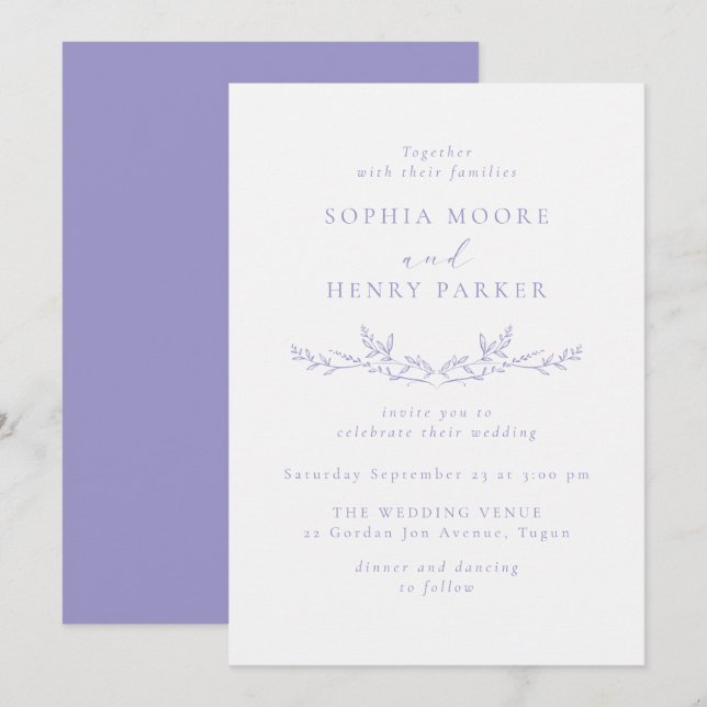 Lilac Modern Line Art Leaf Wedding Invitation (Front/Back)