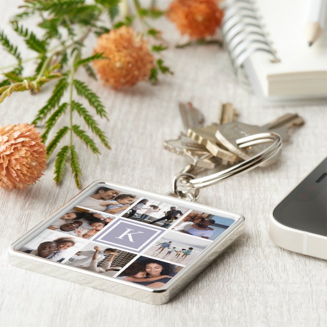 Lilac Monogram 8 Photo Collage Key Ring (Side)