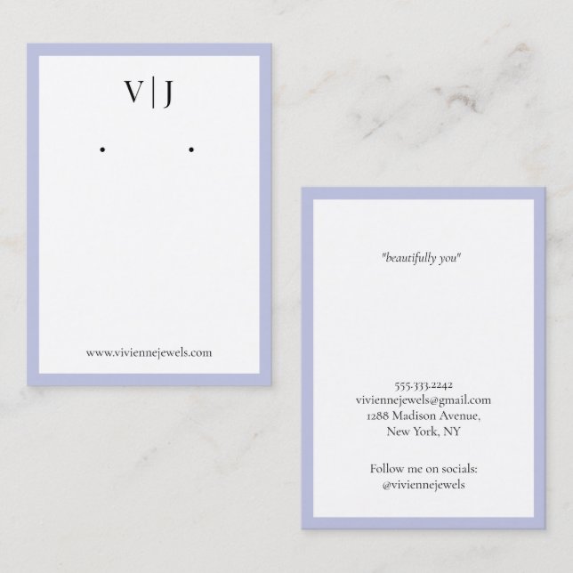 Lilac Monogram Jewellery Earrings Display Card (Front/Back)