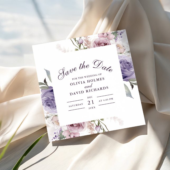 Lilac Monogram Save the Date Card (Boho Mave and Lilac Floral Save The Date Card on a sunny table with soft elegant fabric.)