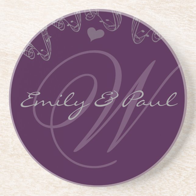 Lilac Musical Monogram Wedding Anniversary Coaster (Front)