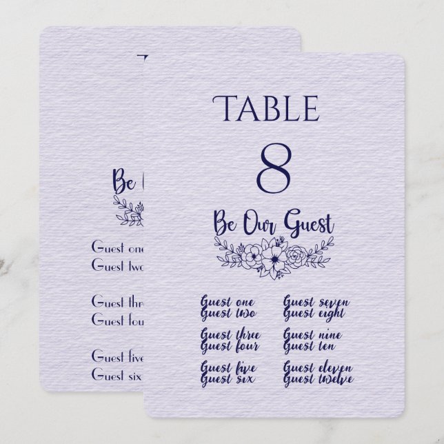Lilac & Navy Blue Table Number and Place Card  (Front/Back)