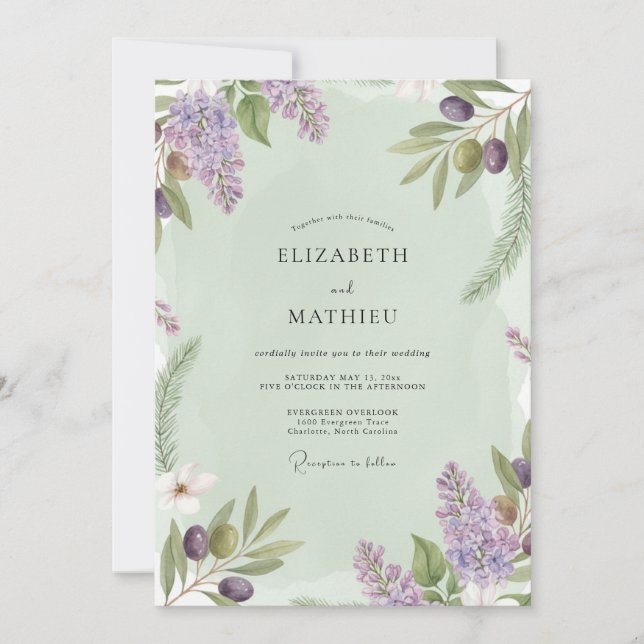 Lilac Olive Branch Eucalyptus Wedding Invitation (Front)
