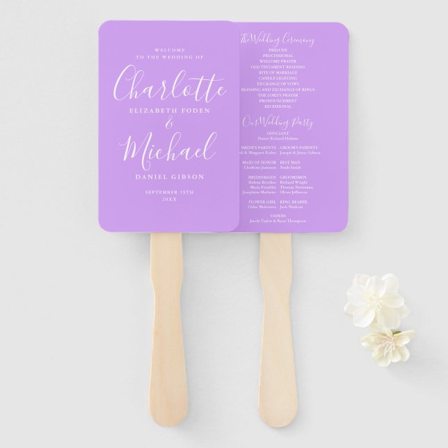 Lilac Orchid Lavender Script Wedding Program Hand Fan (Front and Back)